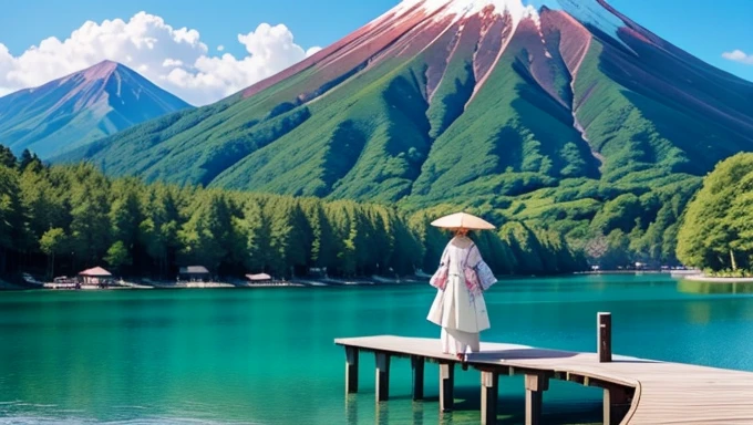 highest quality、Lakeside in front of the mountain. Fuji Mountain、One Girl、Daytime、summer、kimono、Beautiful blue sky、Outdoor、Taisho Roman、Are standing、 --automatic