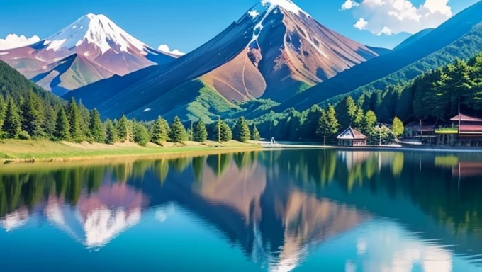 highest quality、Lakeside in front of the mountain. Fuji Mountain、One Girl、Daytime、summer、kimono、Beautiful blue sky、Outdoor、Taisho Roman、Are standing、 --automatic