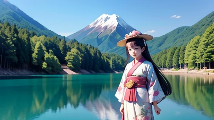 highest quality、Lakeside in front of the mountain、Mt fuji、summer、Daytime、Beautiful blue sky、outside of home、Young girl、Smile on the screen、Detailed beauty、picnic、Open the parasol、kimono、taisho roman
