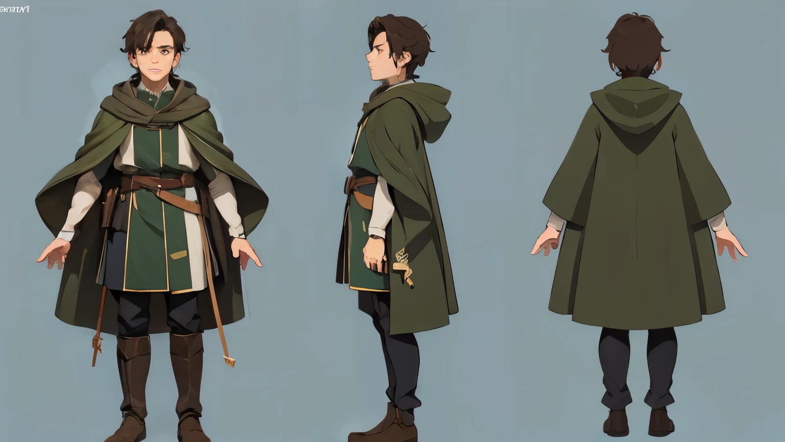 [Full Body], Character named Will treaty Raptc, brown hair, ************, archer clothes with green cloak, 1.50m, Ghibli-like colours, multiple views, three sided view, UHD, retina, masterpiece, accurate, anatomically correct, textured skin, super detail, high details, high quality, best quality, highres, 16k