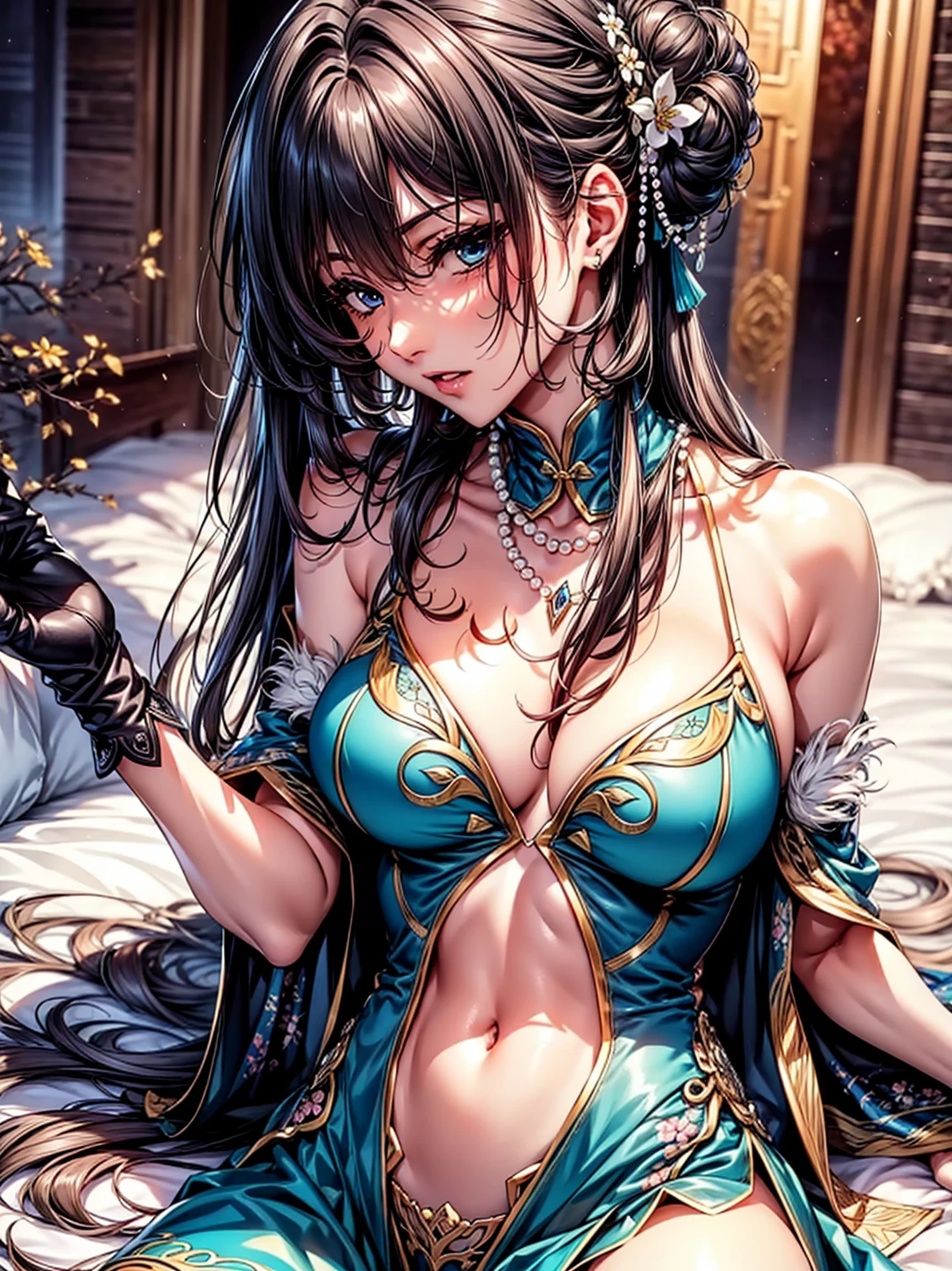 top-quality、tmasterpiece、Very high resolution、super high image quality、High-quality pixels)、perfect eyes, perfect face, perfect body figure，solo，8K, large breast，(Detailed description of hair), (Detailed description of face),(Detailed description of body), fair and clear skin, matchless beauty, long legged, dark grey long hair details expressed, The details have been upgraded，blue eyeball color，model posture，cowboy shot，age over 30s，single_hair_bun, hairpin, hair_intakes, chinese_clothes, jewlery, beads, pearl_necklace, green dress, detached collar, detached sleeves, bare shoulders, gloves, clothing cutout, covered navel, thigh strap, sidelocks, high heels, black footwear, bed，plum blossom decoration on clothes