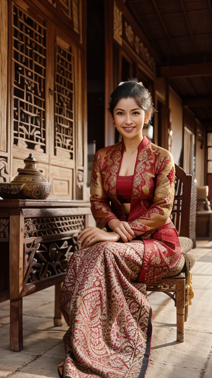 Make a full body picture of a beautiful Indonesian woman smiling, 27 years old, full body, wearing a red Javanese traditional kebaya with a typical Indonesian batik motif underneath, her hair in a bun, posing elegantly sitting on an antique wooden chair with carved decorations, the background of a simple, typical Indonesian Javanese house with a unique style. woven bamboo wall, realistic photography, long distance photography, UHD, 32K,