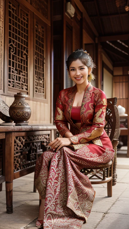 Make a full body picture of a beautiful Indonesian woman smiling, 27 years old, full body, wearing a red Javanese traditional kebaya with a typical Indonesian batik motif underneath, her hair in a bun, posing elegantly sitting on an antique wooden chair with carved decorations, the background of a simple, typical Indonesian Javanese house with a unique style. woven bamboo wall, realistic photography, long distance photography, UHD, 32K,