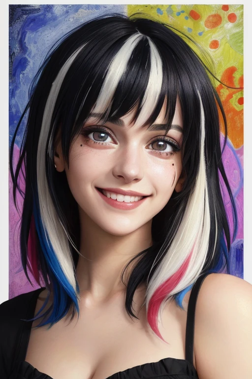 streaked hair, asymmetrical hair, messy hair, mole under eye, crazy eyes, multicolored eyes, tears, smile, light smile, shy, fading border, god rays, ray tracing, anime, Gothic art, Fauvism, accurate, anatomically correct, high quality, highres ((best quality)), ((masterpiece)), (detailed), perfect face