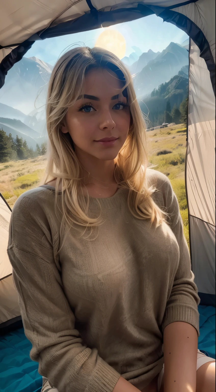 1 mujer, Americano, Desnuda Hermoso, blue eyes, cabello color miel,((selfie de la parte superior del cuerpo, feliz)), Filming in a tent, Hermosa luz de fondo, Tent open sign,obra maestra, mejor calidad, ultra detallado, Solo, exteriores, (la noche), mountains, Naturaleza, (Estrella, la luna) alegre, feliz,, Comfortable in a sleeping bag, dentro de la tienda, Cuando abres la tienda, Puedes ver algunos buenos jinetes afuera..., maderas, formaciones rocosas, rivers, madera, fumar, vago, contrast, Cielos despejados, analog style (mirando al espectador:1.2) (Textura de la piel) (film grain:1.3), (warm tone, warm tone:1.2), de cerca, cinematic light, side lighting, Las ultraaltas, Mejores sombras, ..CRUDO, mitad superior del cuerpo, vistiendo jersey, Relaxed and intimate photos., pelos rubios,