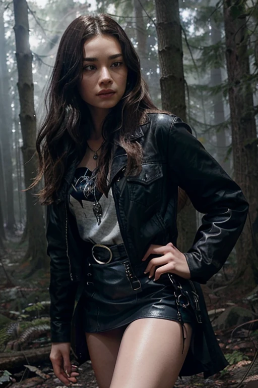 Crystal Reed, Allison Argent, Wolf, 18 years old, long black hair with blonde and messy highlights, black eyes, brown dress blouse, dark blue jean jacket, short dark black skirt, black combat boots, silver pendant, white wolf print. Forest background with fog aura around black color.