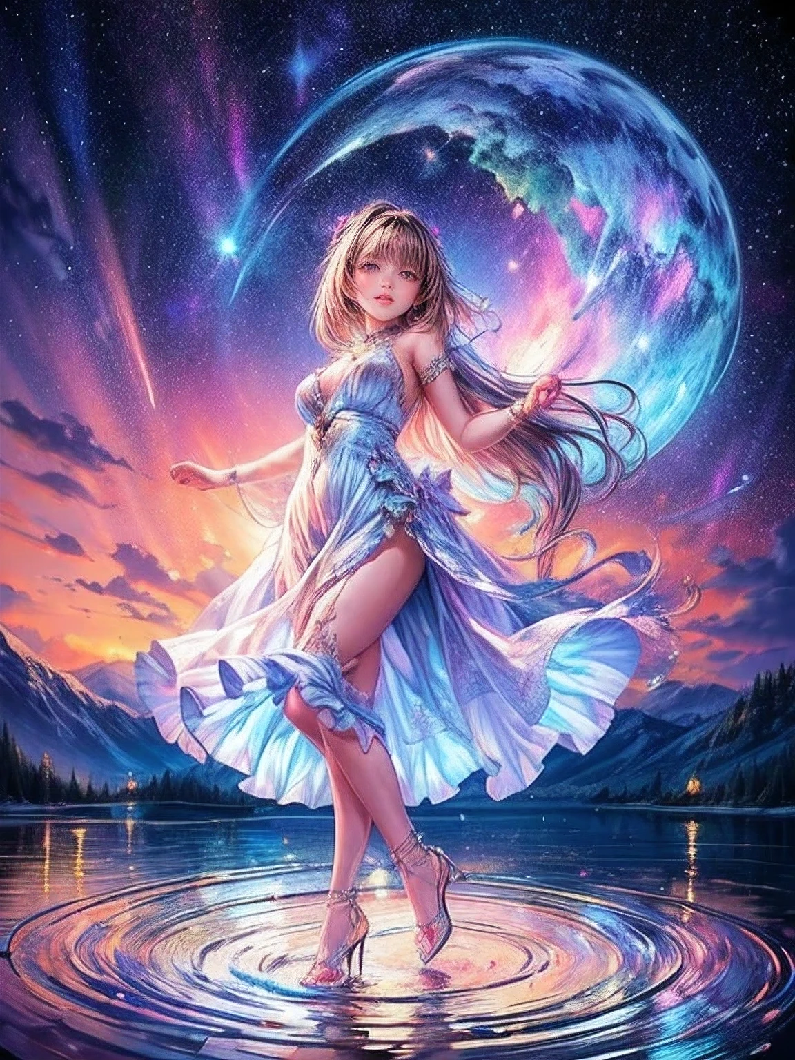 raw photo:1.2, masterpiece, highest quality, 16k, unbelievably absurd, very detailed, perfect beauty, (double exposure vibrant colors silhouette:1.3), (layered vibrant colors silhouette:1.2), (water world photo scenery), diamond dust, starry sky with aurora, flowing sheer dress, flowy long hair, (lake:1.2), (realistic photo scenery), (starlight), (cute cat girl posing, cat ears, cat tail, hearts), 