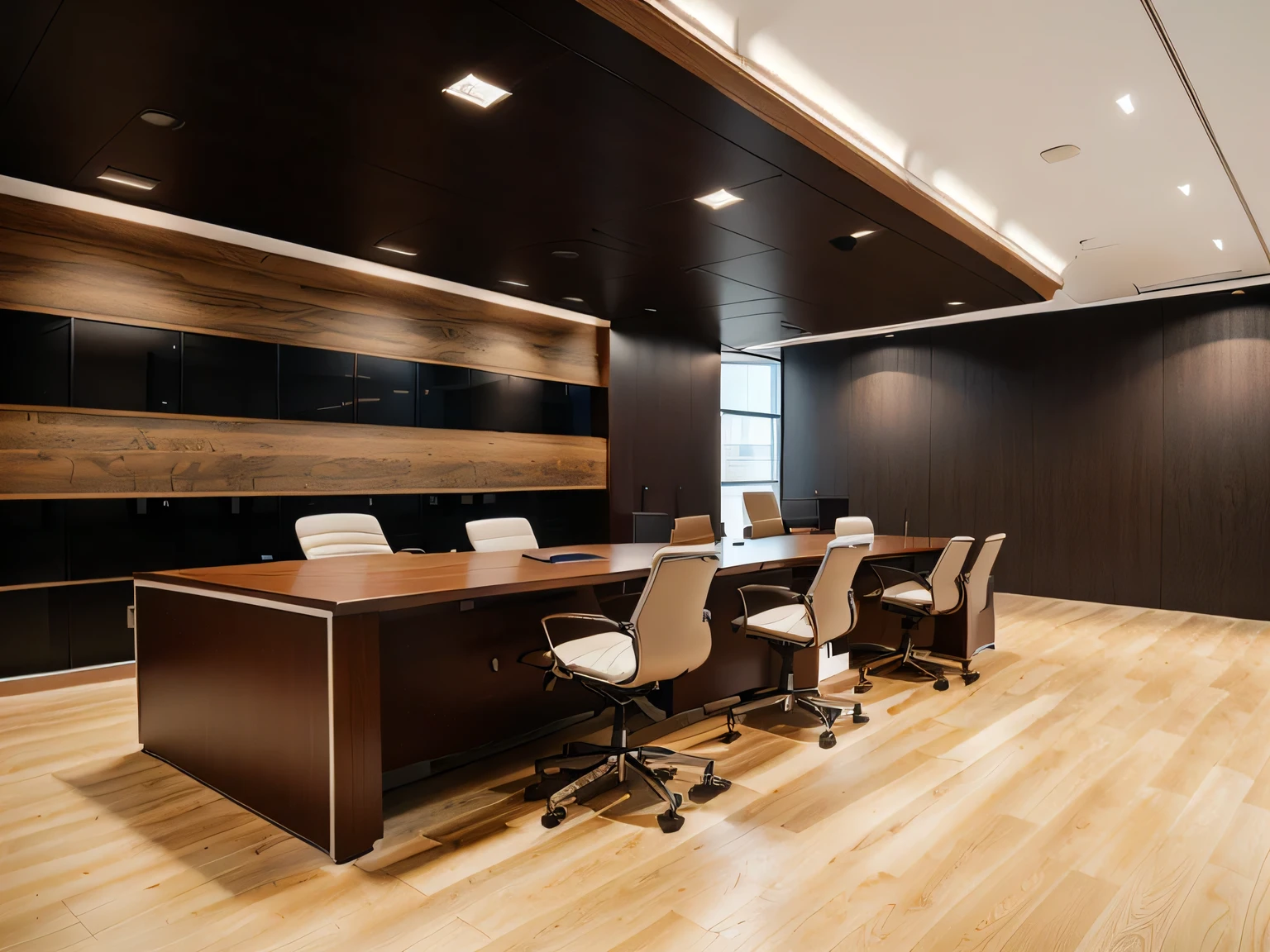 there is a large wooden desk with two chairs in a room, office ceiling panels, office room interior, modern office, office interior, cubical meeting room office, interior photography, offices, office furniture, smooth panelling, suspended ceiling, taken with sony a7r camera, captured on canon eos r 6, empty office, thumbnail, set inside of office