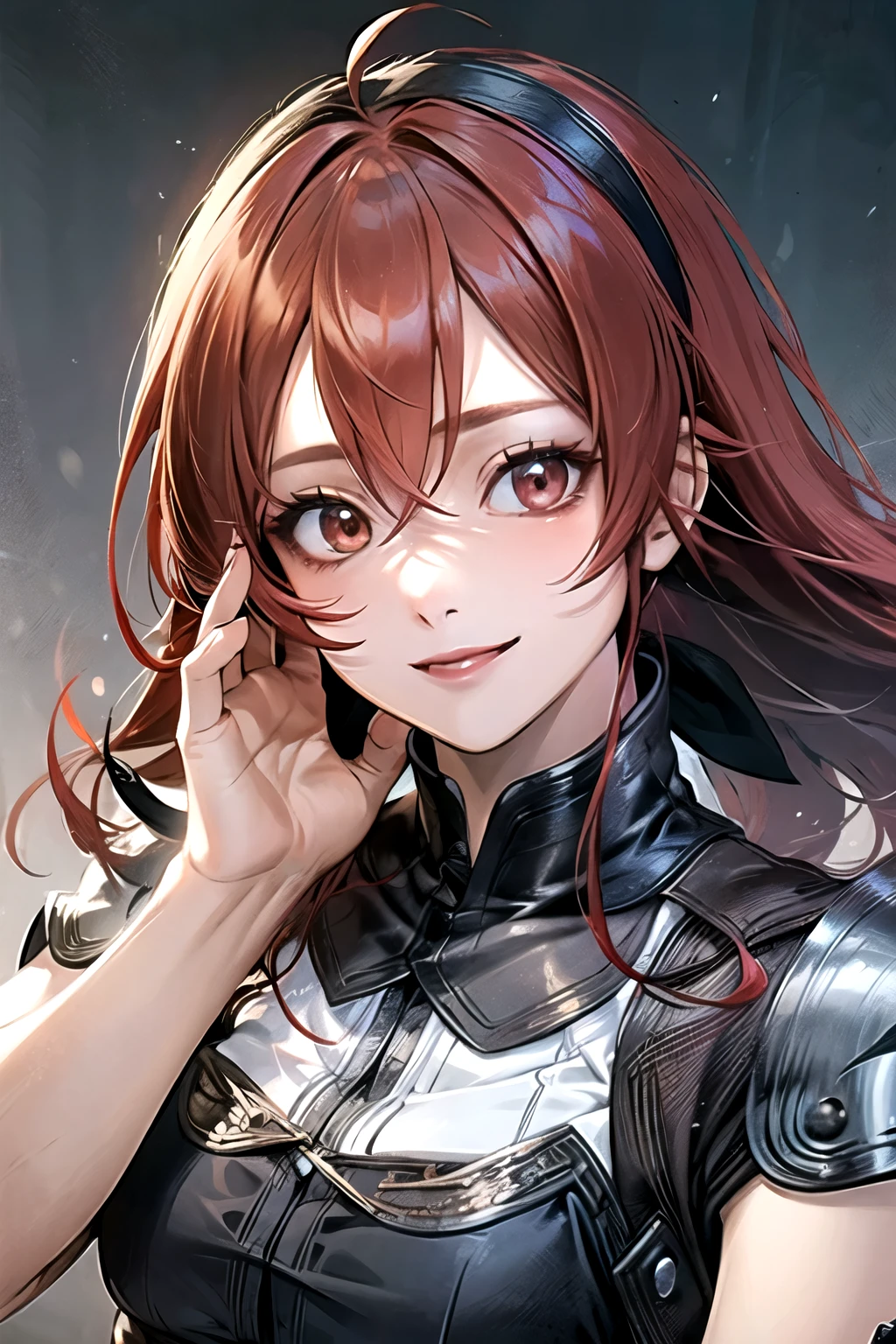 ((best quality)), ((masterpiece)), (detailed), perfect face. Asian girl. Red hair. Red eyes. Smile.