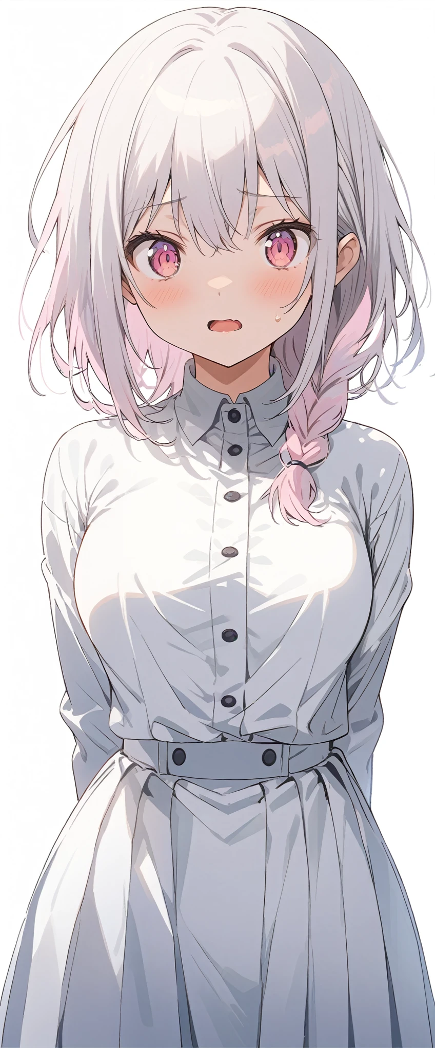 White background、white background、Blank background、Ultra-high resolution, highest quality,Solo,just standing girl, One young girl、Full body view from the front、arms behind back、Put your hands behind your back、Hide your hands、fish-bone braid hair、Fishbone Hair、grayish white hair、beautiful detailed eyes、Grey hair x pink eyes、pink eyes、Troubled expression、Open your mouth wide、Ample breasts、White long sleeve blazer,White pleated skirt、Knee-high socks、
