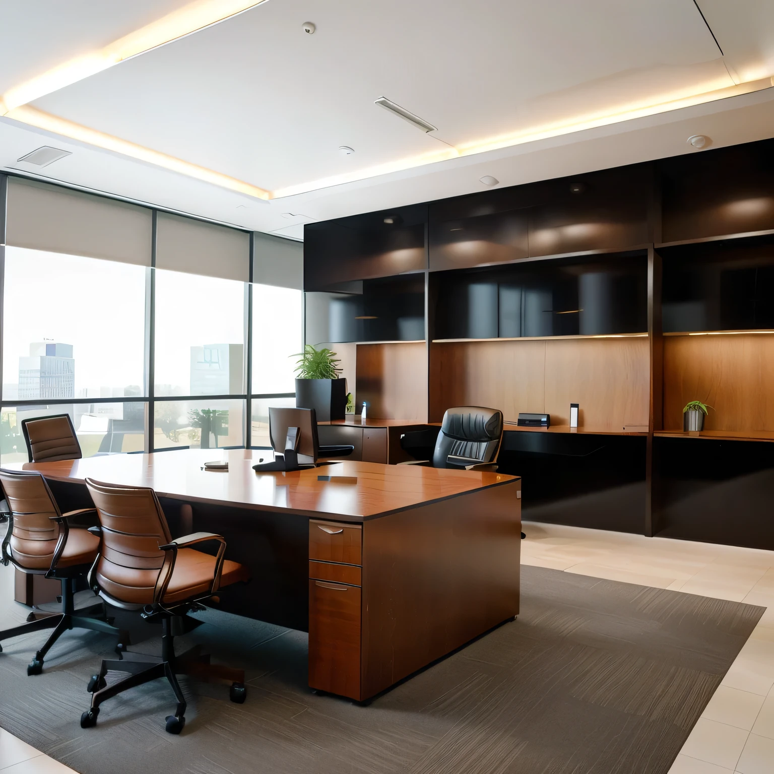 there is a large wooden desk with two chairs in a large room, office furniture, modern office, office room interior, offices, ceo, office interior, cubical meeting room office, set inside of office, office ceiling panels, sat in an office, portrait shot, working in an office, desks, in an office, huge office, corporate business, office background