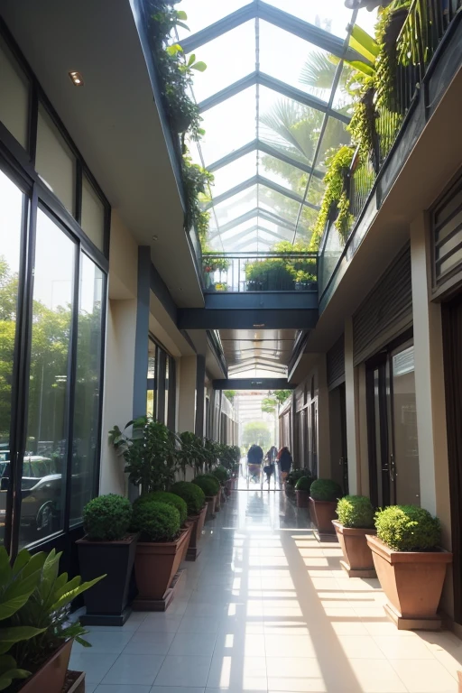 neighborhood mall,
two storys,
two floors,
garden,
smoth natural light,
rain forest vegetation,
smoth light,
50 meters width,
50 meters length,