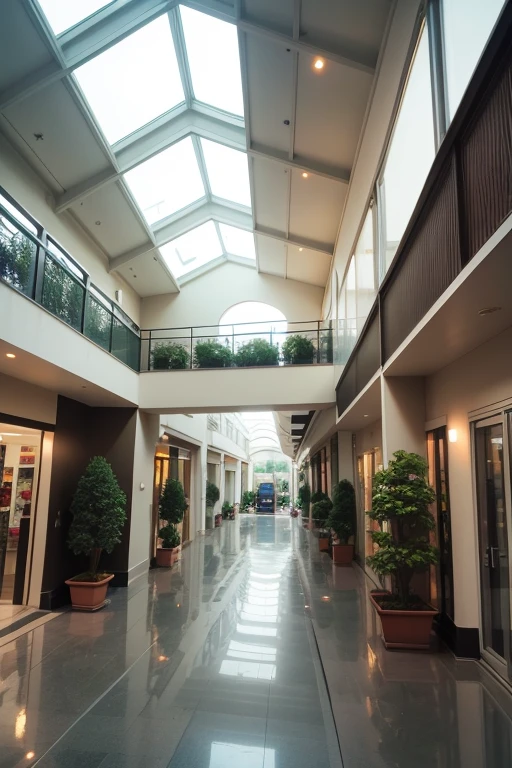 neighborhood mall,
two storys,
two floors,
garden,
smoth natural light,
rain forest vegetation,
smoth light,
50 meters width,
50 meters length,