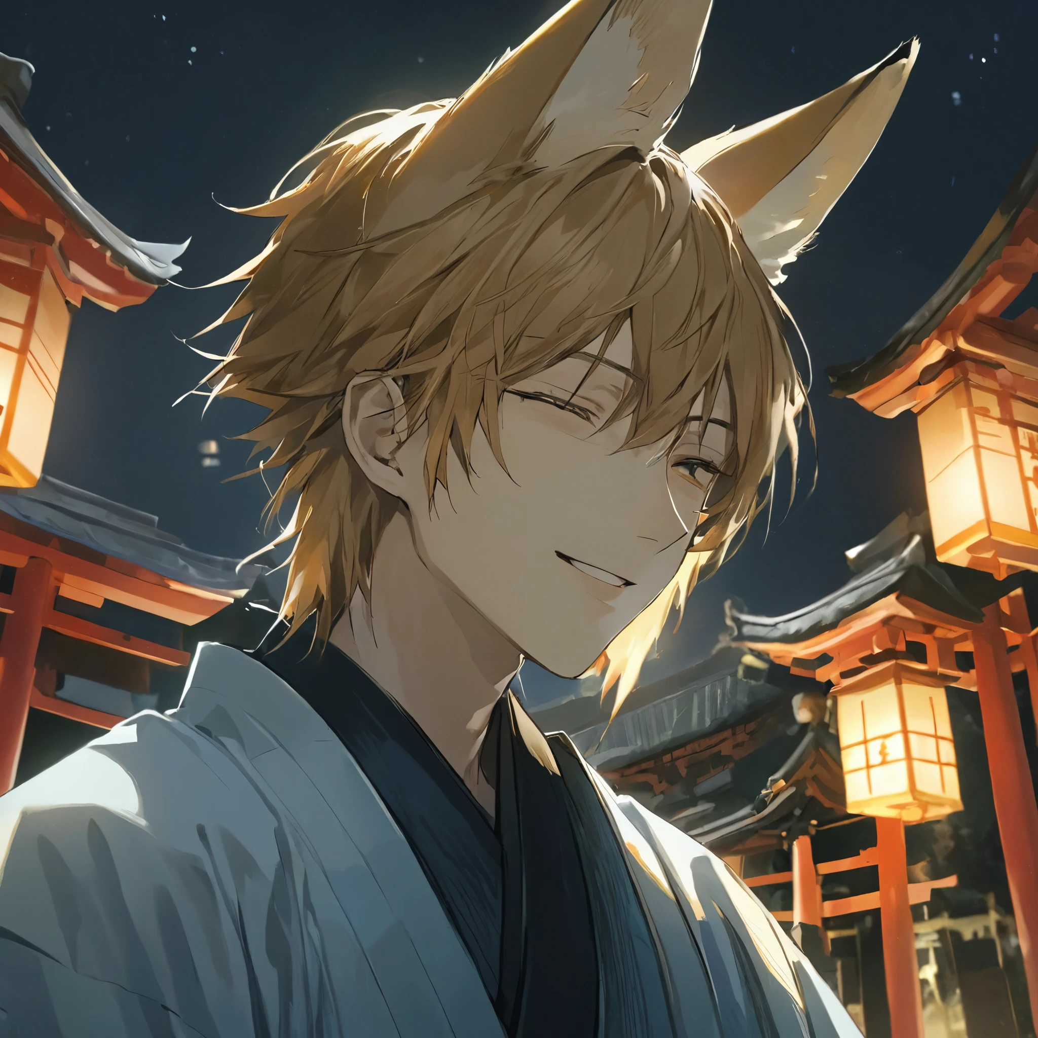 Anime boy with fox ears、 Fox Ears, kimono、close your eyes、smile、Male in his late 20s、zoom、Japanese Male、aldult、Upper body photo shoot、masterpiece、 High resolution、Mouth closed、Shrine at night、Fantasy、、Fascinating、good looking、smile、Look forward、tall、Fox Eyes、suspicious