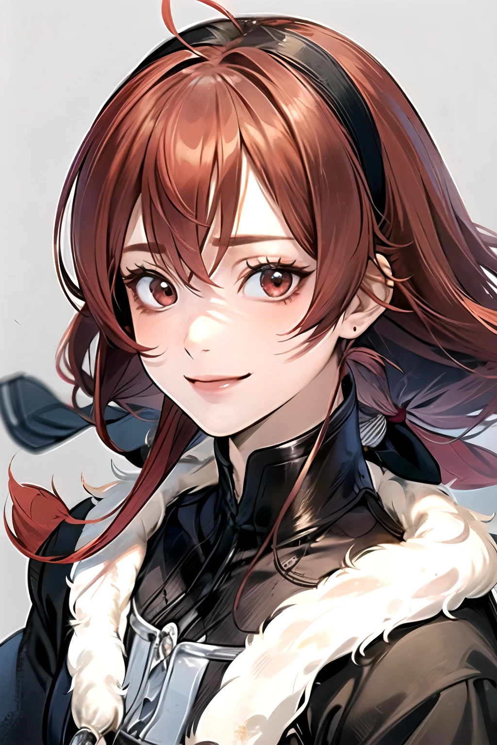 ((best quality)), ((masterpiece)), (detailed), perfect face. Asian girl. Red hair. Red eyes. Smile.