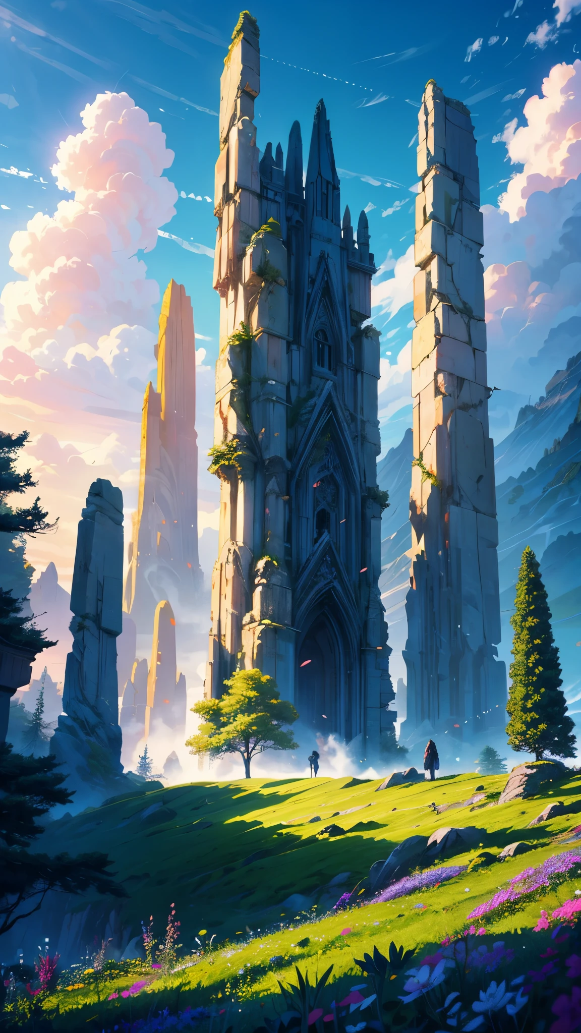 Create a heavenly anime background image that features a serene, dreamlike landscape. Imagine a vibrant, azure sky filled with soft, billowing clouds that seem to glow with an ethereal light. In the foreground, a lush, green meadow dotted with colorful wildflowers gently sways in the breeze. Majestic, snow-capped mountains rise in the distance, their peaks kissed by the sun's golden rays. A large, ancient tree stands prominently, its branches reaching out like welcoming arms, casting a gentle shade. The entire scene is bathed in a warm, heavenly light, creating a tranquil and otherworldly atmosphere.