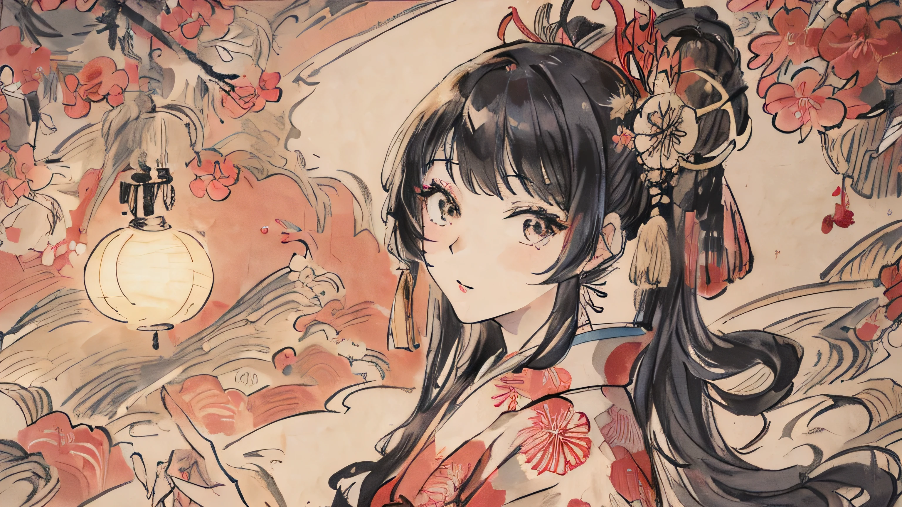 masterpiece, highest quality, A woman in her 20s from the end of the Edo period in Japan.。She is still, but her flashy kimono is showing.、The long hair is wildly messy。Don&#39;t look at me。Strange pose。Big eyes and a serious look。Upper Body。 In the old Japanese style of painting with low saturation、The women have modern anime-like faces.、She is wearing a slight Kabuki-style make-up.。Strong 2D feel。 The background is night、A large cherry tree with petals falling、and a huge full moon。Fuji Mountain。I want to use it as a thumbnail for lofi music。