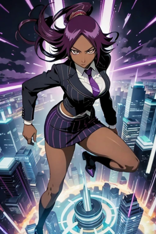  Yoruichi as a skinny Black business woman in a double breasted pinstripe purple  skirt suit while wearing a tie with a knee long purple pinstripe skirt full body 