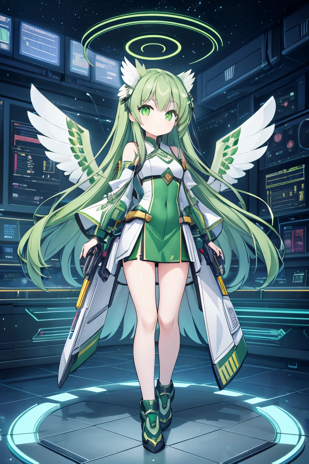 Green long hair,15-year-old girl,Green eyes,Full body portrait,Raid the Raptor,game Master,owl,mechanical,Satellite gun barrel,Science Fiction,(mechanical翅膀:5),Bionic Wings,mechanical义体