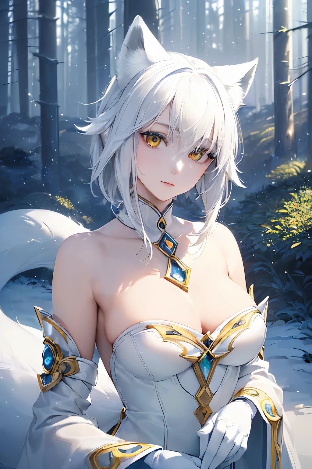 (((Solo Exhibitions)), White and gold outfit, Lots of decorated costumes, (whole body) Capture the most beautiful works of art in detail, Intricate details, High detail, Ultra Realistic, Hidden Armor, figure, Realistic Anthropomorphic Art, (Anthropomorphic Art!!!, (((Female Human Arctic Fox Priest)), forest, very, very beautiful human art, Realistic, 8k, No human hair, No repetition, No repeated endings, No clones, The head is not large,Short Hair,