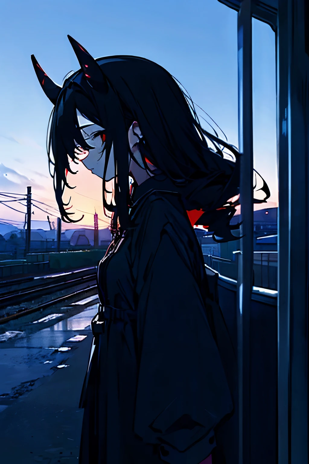 Girl, long curly black hair, red eyes, horns growing from the side of her head, , countryside, train station, evening