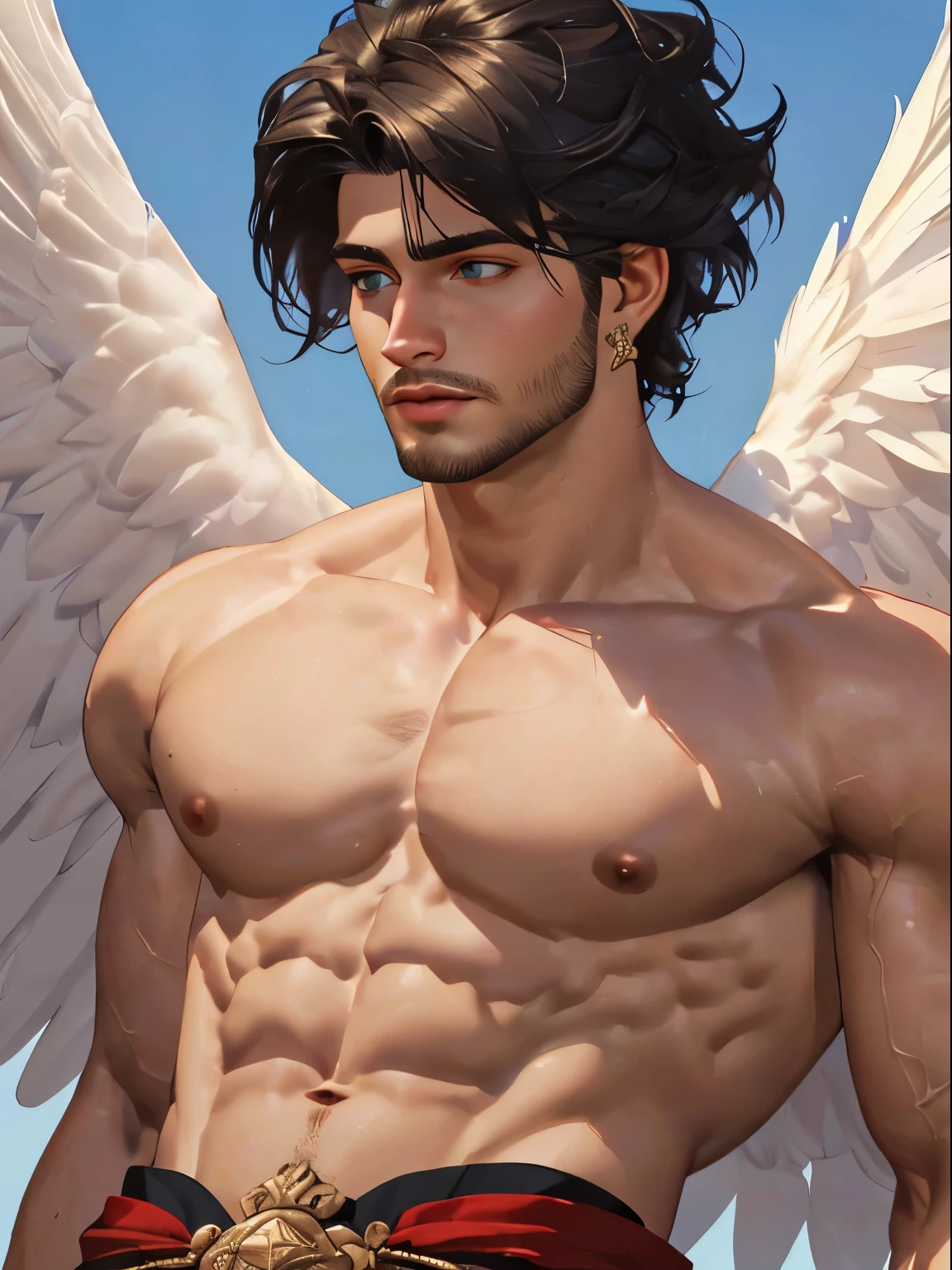 ((the best quality)), ((masterpiece)), (detailed), perfect face, male, Perfect Body, short hair, white skin, Shirtless, Sunlight, ((the best quality)), ((Masterpiece)), (details), perfect face, high definition, Masterpiece,4k,details clearly, Handsome face, male body, strong muscles, The most handsome man in the world, handsome, The coolest face, Male characters, close image (1man, shirtless), young man, Extremely muscular tall man, open your eyes ((detailed eyes)), huge, muscular body and Massive, bulging pecs, muscular abs, delicate big eyes, carefree expression, clear face, handsome (detailed face, perfect face) ((extremely realistic shadows, bodybuilding posture, human, ((22-year-old young man)), V shape, CG sense, Textured skin, the best quality, Storytelling images, shining eyes, the goddess, feather wings(2 wings detailed), black loincloth, 1man Flying in the sky, Golden accessories, the royal outfits, god of solar, god of sun, clear sky