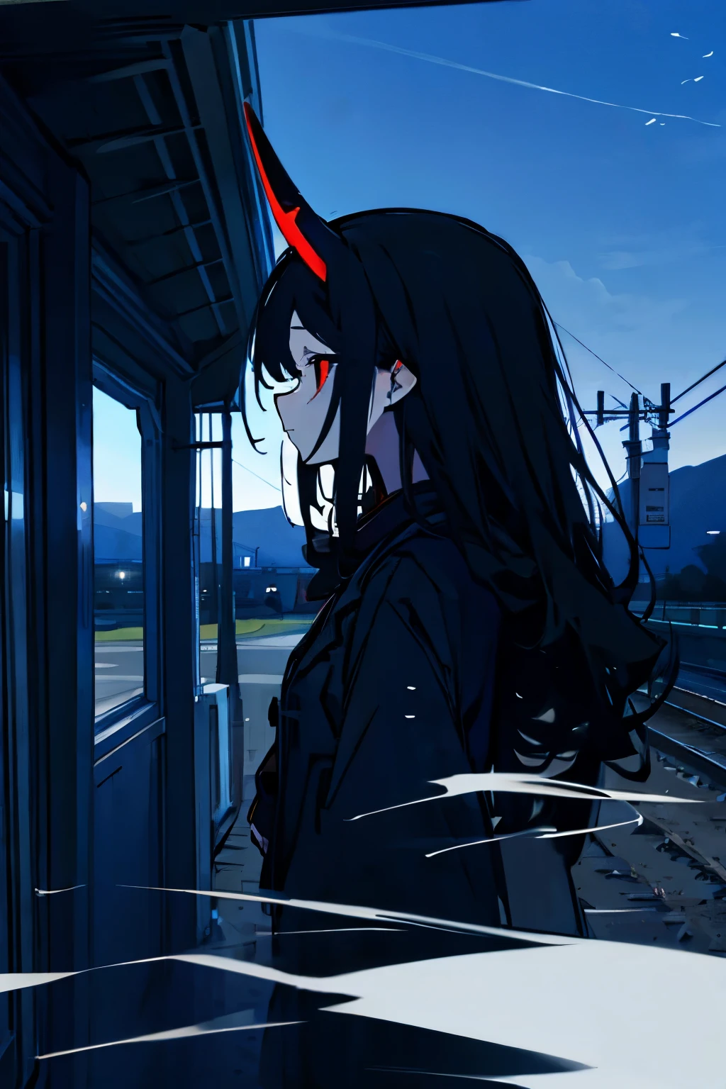 Girl, long curly black hair, red eyes, horns growing from the side of her head, , countryside, train station, evening