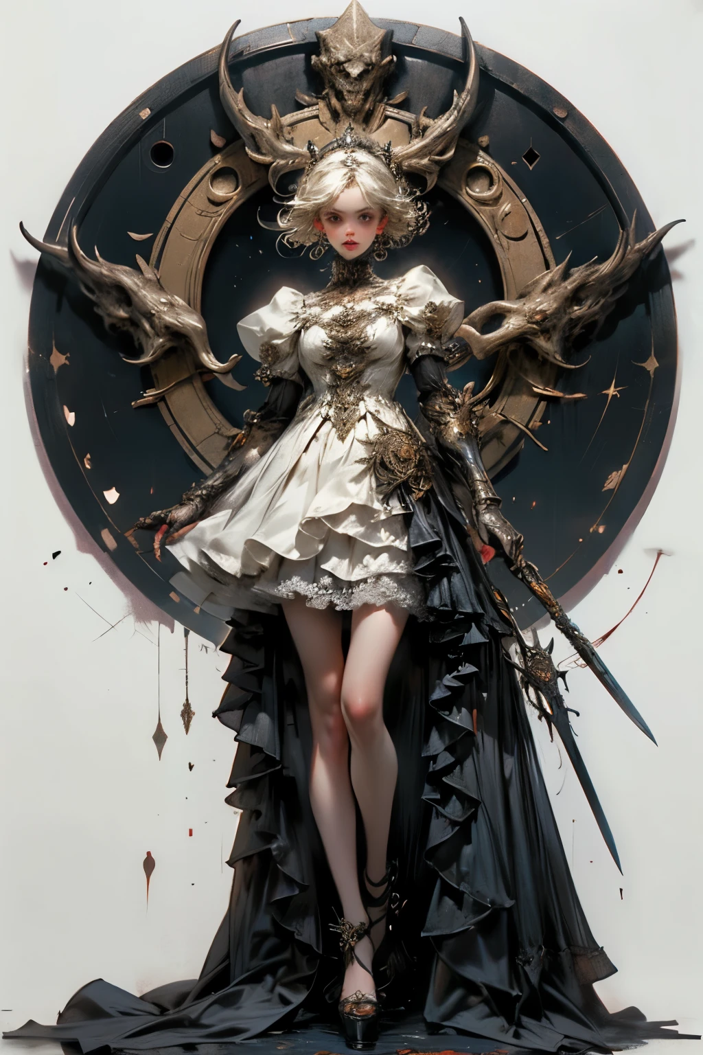 ((best quality)), ((masterpiece)), (detailed), perfect face ((best quality)), ((masterpiece)), (detailed), blank white background, plain background, white background, Bloodborne inspired, occult aesthetic, occult, detailed and intricate steampunk and detailed gothic, NSFW, Very dramatic and cinematic lighting, cosmic horror, grim-dark, side-lighting, perfect face, a beaituful goddess adorned and enshrined in armour, Bloodborne inspired , occult aesthetic, occult, detailed and intricate steampunk and detailed gothic, wielding a sword and holding a shield, NSFW, Fluttering lace flared long knee length dress with frilly petticoats, knee length dress, pleated petticoats, lolita dress, petticoats gothic lolita, side-lighting, gothic lolita aesthetic, beautiful small breasts, small breasts, full body, whole body, body, plain background, white background, blank background, no background, white background NSFW, full body, whole body, head-to-toe, NieR Automata 2B inspired