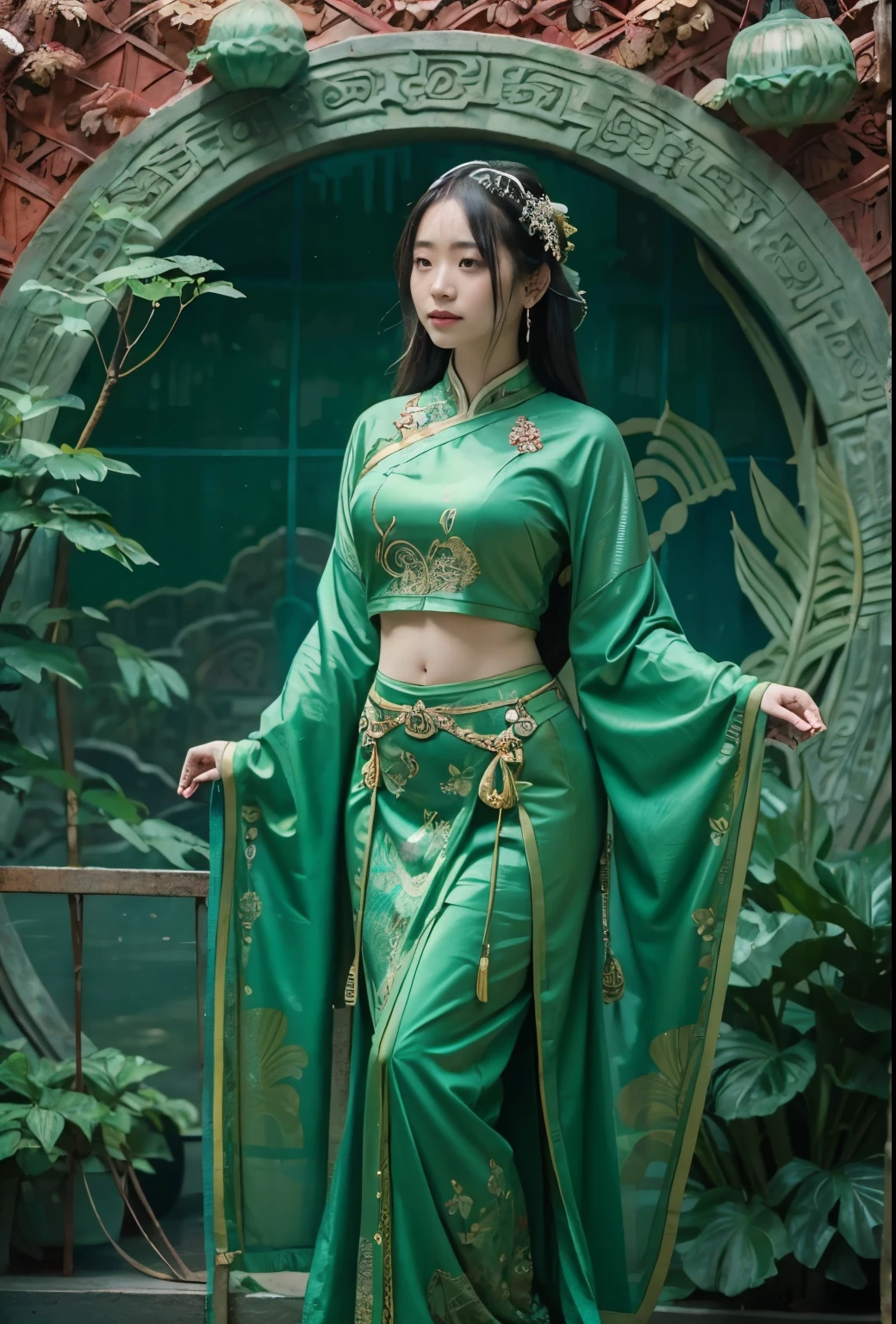 Photography of a lady standing before a massive jade and ruby screen adorned with a landscape carving, showcasing intricate details of mountains, rivers, and nature. 1 lady,