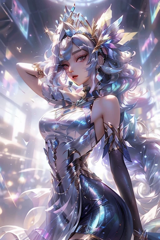 A beautiful african girl wearing a beautiful pearl dark blue iridescent dress gown with long shining pearl white hair kpop mix afro style