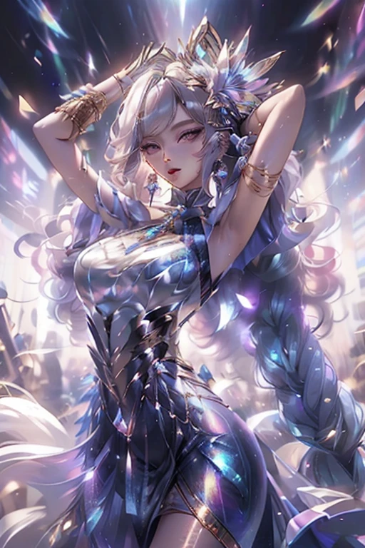 A beautiful african girl wearing a beautiful pearl dark blue iridescent dress gown with long shining pearl white hair kpop mix afro style 
