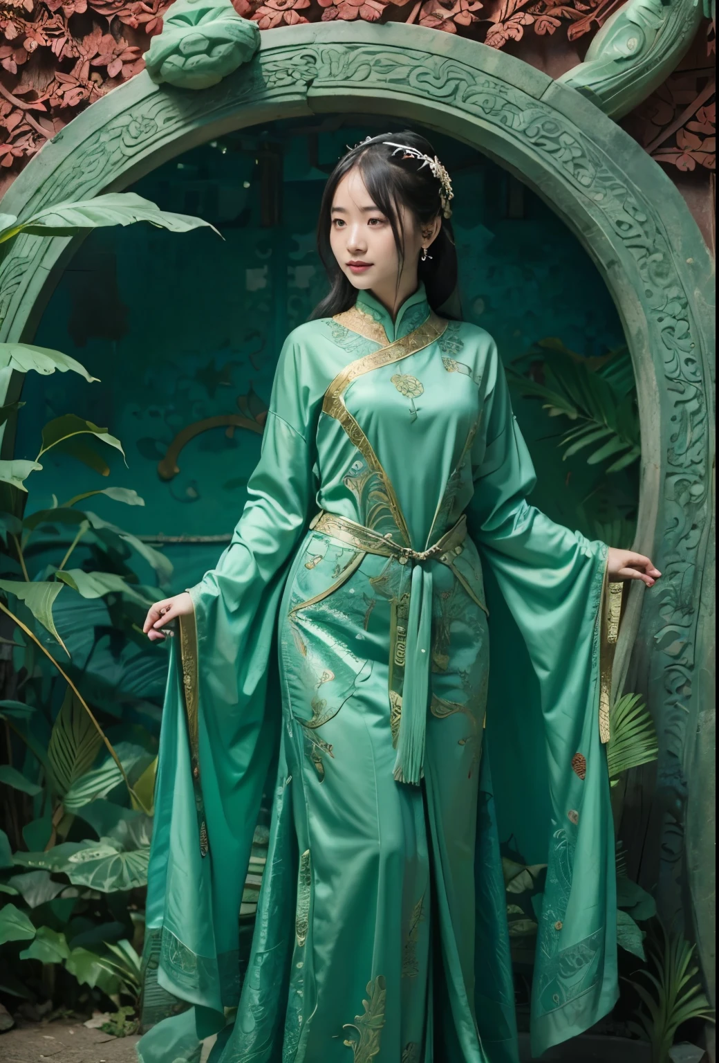 Photography of a lady standing before a massive jade and ruby screen adorned with a landscape carving, showcasing intricate details of mountains, rivers, and nature. 1 lady, 