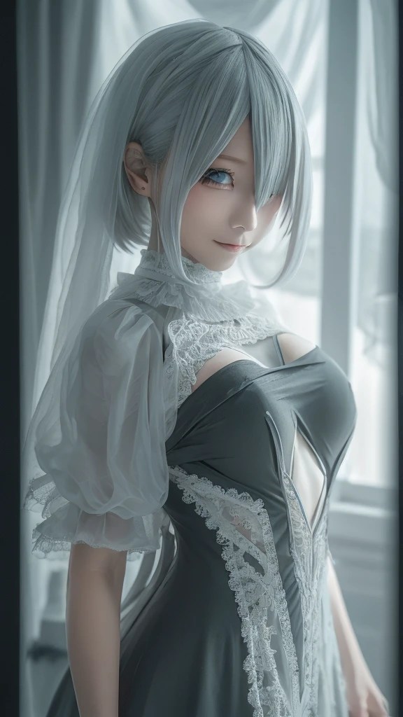 ((High quality)),masutepiece,(Detailed depiction of local details:1.2),1girl in,Blue eyes,Plump breasts,Enchanted Valley,Closed mouth,Eyelashes,Looking at Viewer,Portrait,Solo,Upper body,White hair,,Short hair,Silver hair,Yorha No. 2 Type B,(Jet black gothic dress)Full body photo、black and white、cute、Pink nipples、Black leotard