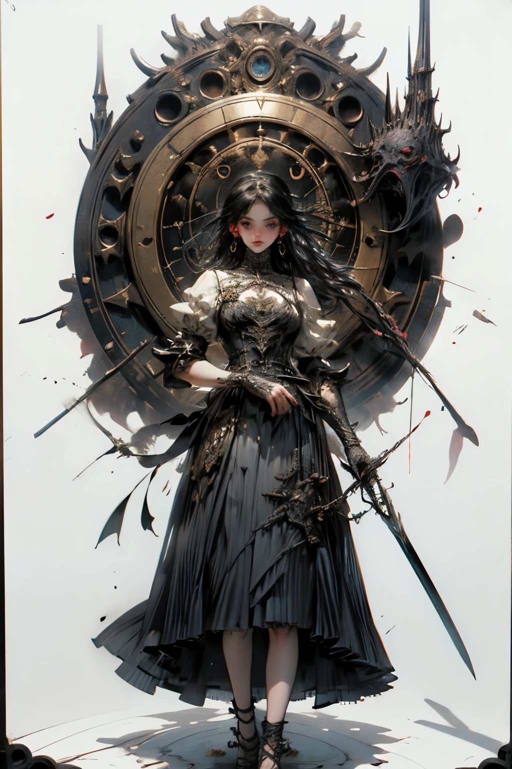 ((best quality)), ((masterpiece)), (detailed), perfect face ((best quality)), ((masterpiece)), (detailed), blank white background, plain background, white background, Bloodborne inspired, occult aesthetic, occult, detailed and intricate steampunk and detailed gothic, NSFW, Very dramatic and cinematic lighting, cosmic horror, grim-dark, side-lighting, perfect face, a beaituful goddess adorned and enshrined in armour, Bloodborne inspired , occult aesthetic, occult, detailed and intricate steampunk and detailed gothic NieR Automata 2B inspired, wielding a sword and holding a shield, NSFW, Fluttering lace flared long knee length dress with frilly petticoats, knee length dress, pleated petticoats, ta dress, petticoats gothic loliside-lighting, gothic lolita aetic, beautiful small breasts, small breasts, full body, whole body, body, plain background, white background, blank background, no background, white background NSFW, full body, whole body, head-to-toe, NieR Automata 2B inspired
