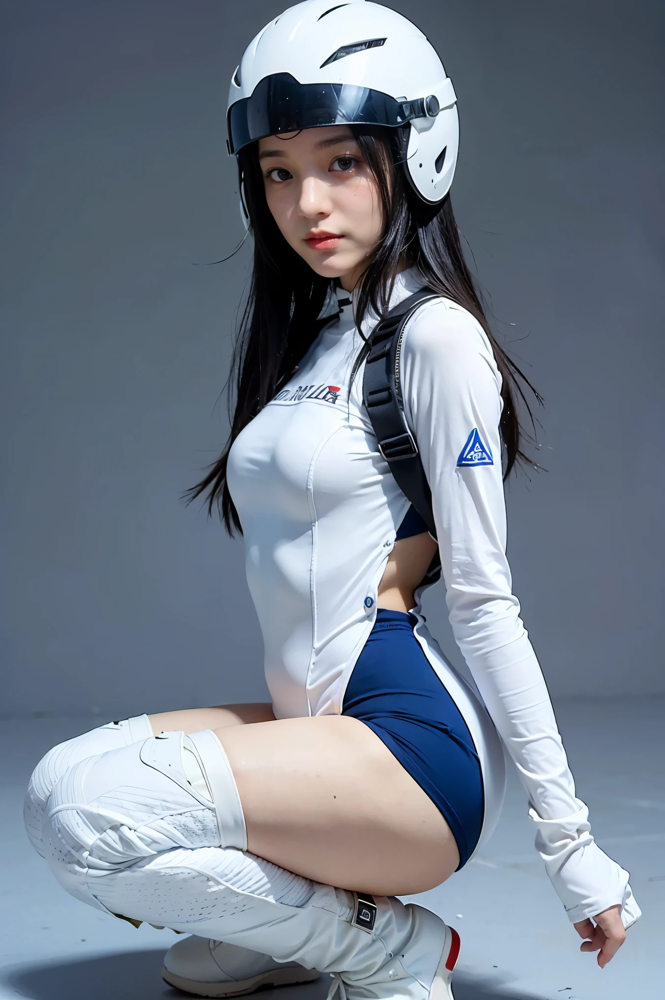 (masterpiece, highest quality, highest resolution, distinct_image, detailed details): (Solo, lone girl, Japan face, blue haired girl, short cut, full body figure, small size breasts, sparkling blue colored eyes, pilot suit in metallic white and blue color, tight fit clothes, clothes covering the whole body, beauty, slim body, exoskeleton, sexy pose, heroine, Full face helmet, knee boots)