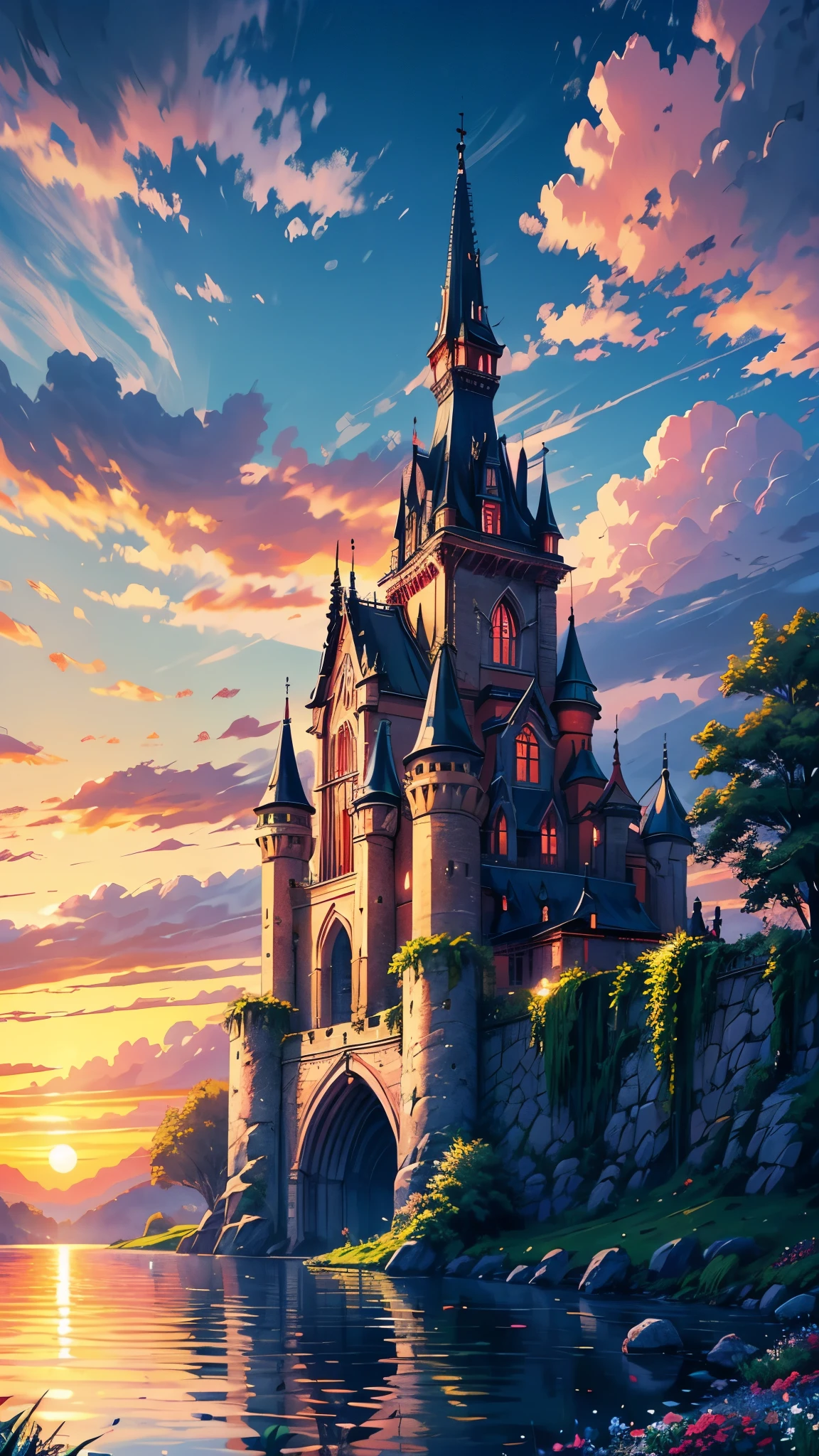 a big castle on a lake nostalgic clouds sunset and a lot of plants a flowers, golden hour roses and pink