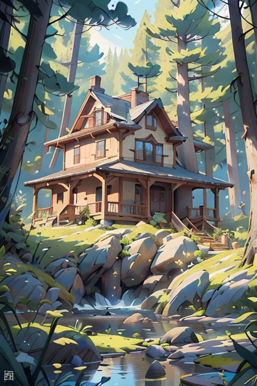 Draw a lake house in the forest, Engraving, color illustration, star map, poisonous atmosphere, high resolution, lumen, clarity, black background, hyperrealism, multicolor, natural shades dusty natural colors, embroidery  ((best quality)), ((masterpiece)), (detailed), perfect face