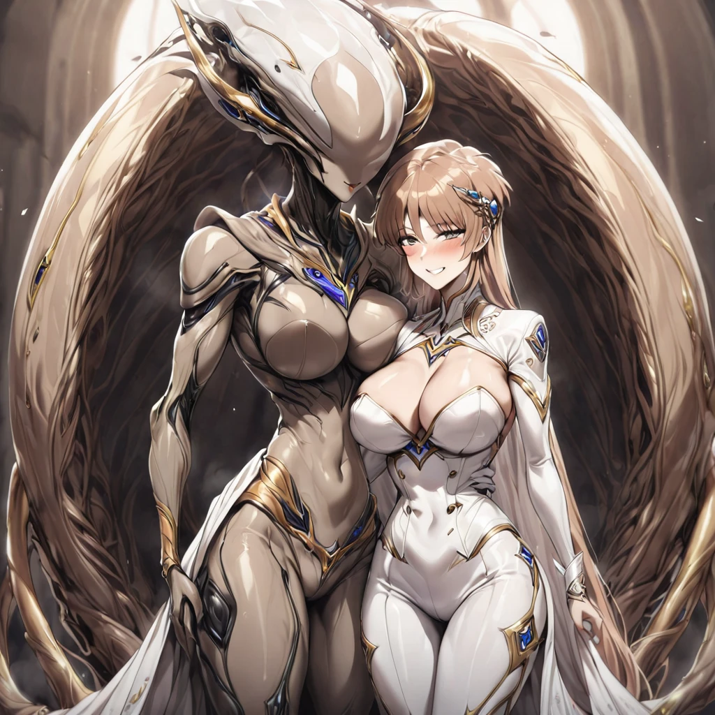 ((highest quality)), ((masterpiece)), (detailed), （Perfect Face）、（The woman is Princess Leona, with long, straight light brown hair, a slender figure but average breasts, a gentle smile, and a friendly relationship with the alien. They get married in a wedding ceremony.）、A strange alien and a woman are in an alien nest, married to the alien, snuggling up and kissing each other.、The woman is dressed as an alien