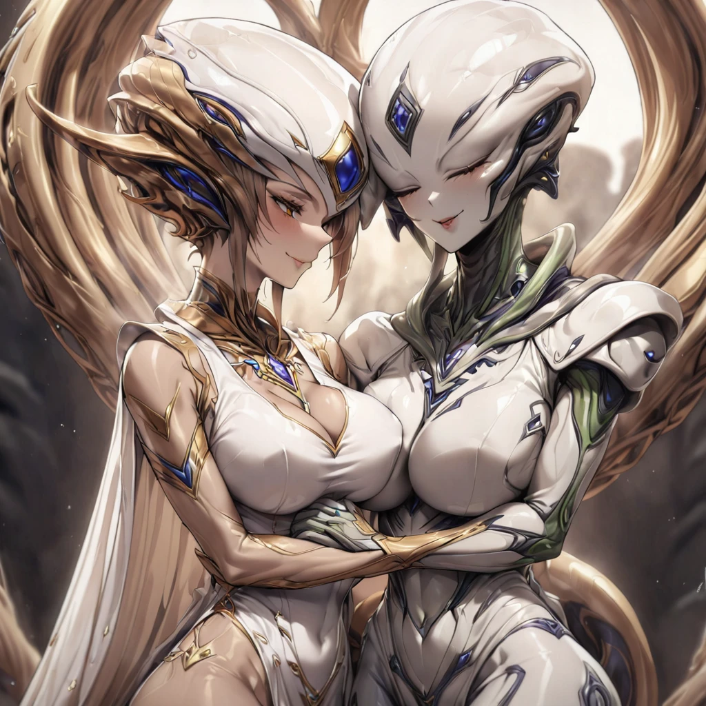 ((highest quality)), ((masterpiece)), (detailed), （Perfect Face）、（The woman is Princess Leona, with long, straight light brown hair, a slender figure but average breasts, a gentle smile, and a friendly relationship with the alien. They get married in a wedding ceremony.）、A strange alien and a woman are in an alien nest, married to the alien, snuggling up and kissing each other.、The woman is dressed as an alien