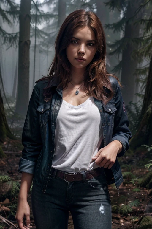 Shelley Hennig, Malia Tate, Teen Wolf, 18 years old, short auburn hair with red and messy highlights, green eyes, purple rocker-pattern dress shirt, dark blue jean jacket, black jean pants, black combat boots , silver pendant, white wolf print. Forest background with fog aura around black color.