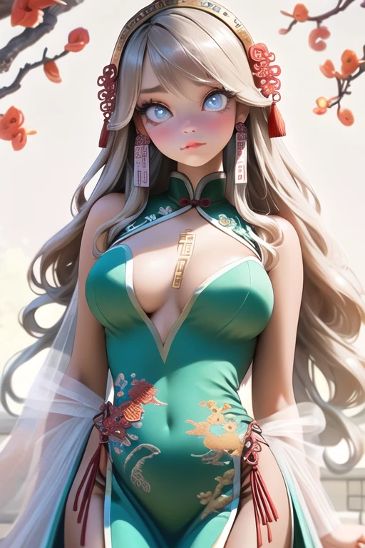 Chest Curtain, China dress, Nipple slip,(highest quality:1.0), (8k wallpaper:1.0), Very delicate and beautiful, (Beautifully detailed face:1.0), (detailed Deep Eyes), Symmetrical breasts, Deep Eyes, vapor, Shiny skin,