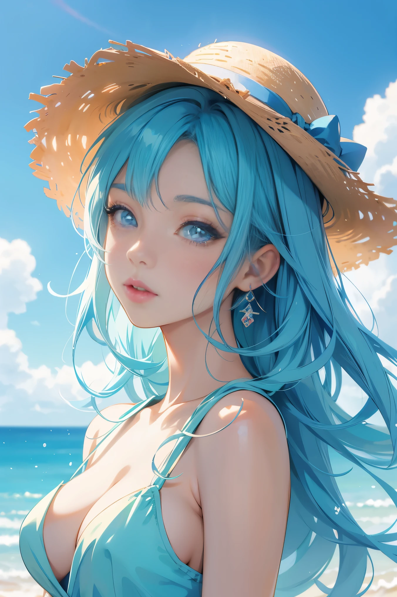 Blue haired anime girl in a straw hat and blue dress, artwork in the style of Gweitz, Beautiful anime portraits, Gweitz, Beautiful Anime Girls, beautiful Anime Style, Turquoise hair anime girl, Anime Style. 8k, In the art style of Bouwater, Beautiful digital illustrations, Beautiful character drawings, Stunning Anime Face Portraits