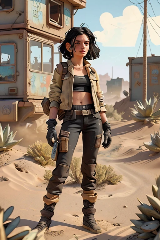 Draw a stalker girl, post-apocalyptic world, grunge, tramp, black hair, sandy-colored clothes, bright light illustration in the style of hyperrealism+comic book, as an illustration for the borderlands computer game, landscapes of wastelands and skaggs in the distance, hyperdetalized, heavy black contour, careless contouring, --ar 3:5 ((best quality)), ((masterpiece)), (detailed), perfect face