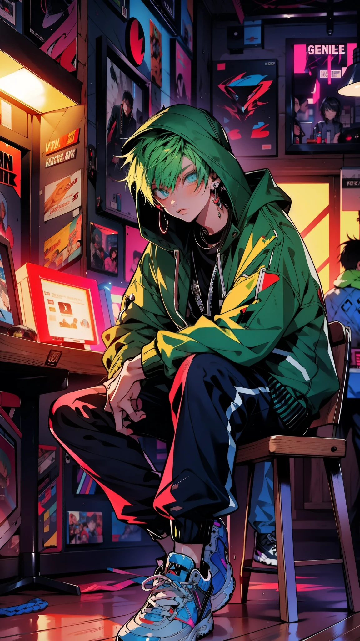 cool and edgy, Digital painting of a Stylish, Adolescent with cell shading, vibrant pallete, anime style, thicker lines, wearing a Hooded jacket, pants, sneakers and Sitting and posing for the photo, A cozy internet cafe from the early 2000s filled with adolescents gaming and chatting, CRT monitors glowing, a mix of warm and cool lighting, nostalgic vibe, fashionable, posing, colorful, confident, expression, accessory, coiled, around, stylish, striking, modern, fashion