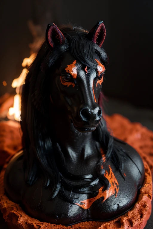 color miniature, 3d printing, fabulous hellish black horse, fiery mane, lava veins, hyper detail, Post-processing, INPAINTING, High contrast, on dark red velvet, face detail