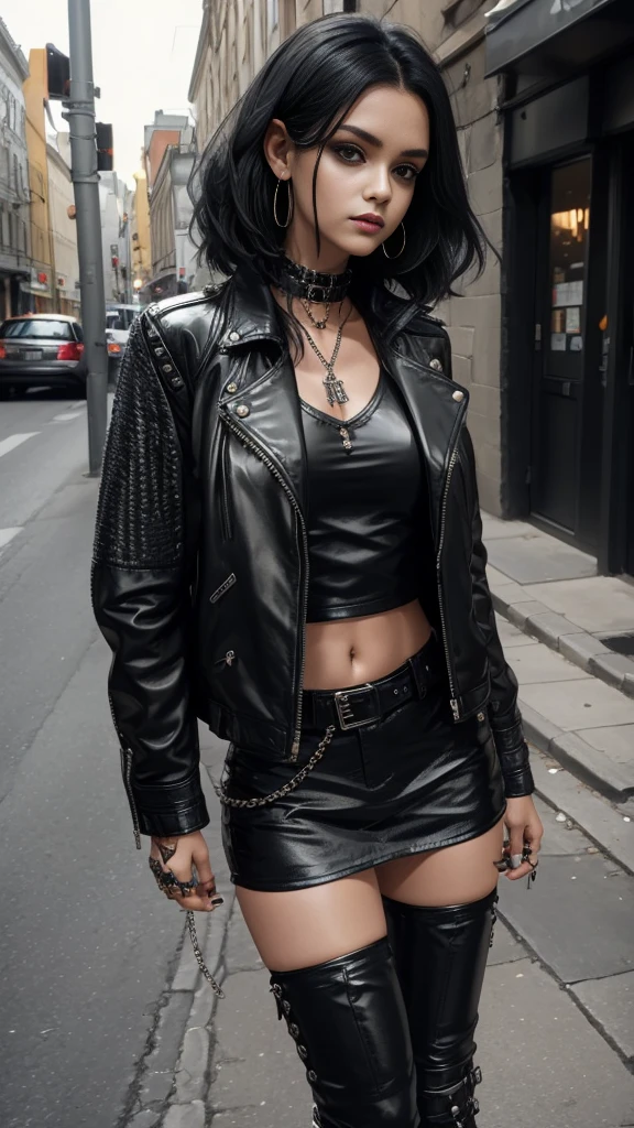 A punk-inspired girl wearing A black leather jacket with shining black crystals jewellery and a short blouse cross top jacket and  black leather boots  long shining black hair 