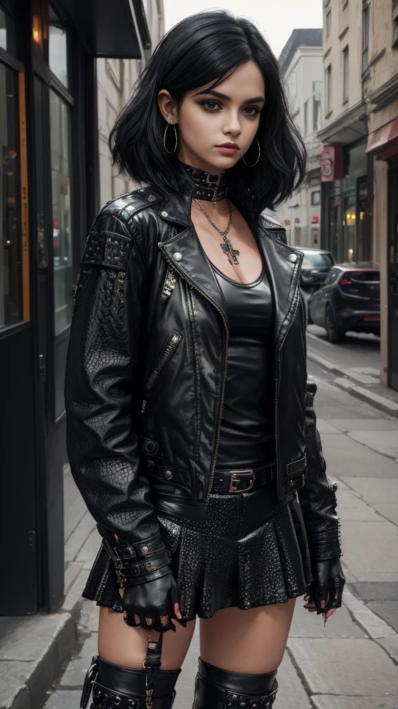 A punk-inspired girl wearing A black leather jacket with shining black crystals jewellery and a short blouse cross top jacket and  black leather boots  long shining black hair 