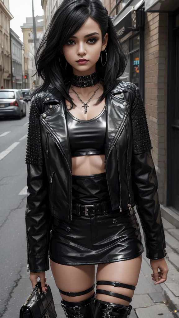 A punk-inspired girl wearing A black leather jacket with shining black crystals jewellery and a short blouse cross top jacket and  black leather boots  long shining black hair 