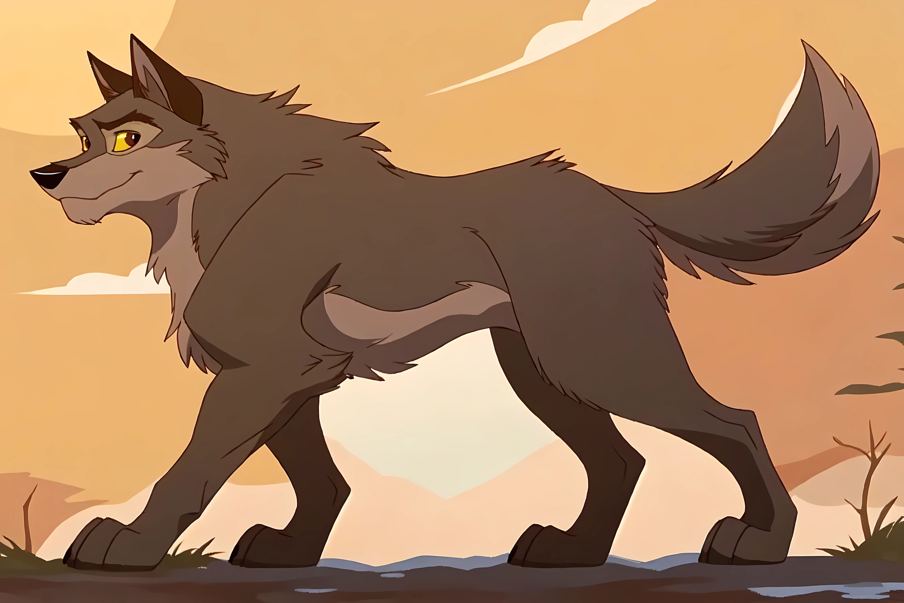 balto, full body, feral, detailed, detailed face, detailed eyes, quadruped, very muscular:1.0, muscular forelegs, muscular hindlegs, wfa anatomy, black lineart, black outline, male, masculine, adult, wolf, wolf body, wolf tail, brown iris, yellow sclera, cartoon shading, cel shaded:1.0, strong body, confident, proud, side view, full body, paws, walking