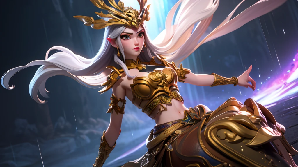 ((best quality)), ((masterpiece)), (detailed), Perfect face,, Perfect body,Perfect body,Wide angle composition,
Breasts of a woman in a golden transparent dress, University of Kili))),Slim waist,, long hair, 极其detailed细节,High-end real station, Heavy rain scene, detailed幻想艺术, Stunning character art, Beautiful and exquisite character art, Beautiful gold and silver armor, Very detailed, girl in shining armor, Exquisite headpieces and jewellery,crystal jewelry filigree, Galaxy, Stunning visuals, (Dynamic Stripes, light track:1.2), Vibrant colors,